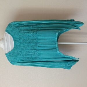 Fabulous Long Sleeve Shirt Embroidered with Handkerchief Hem Teal, Free Size